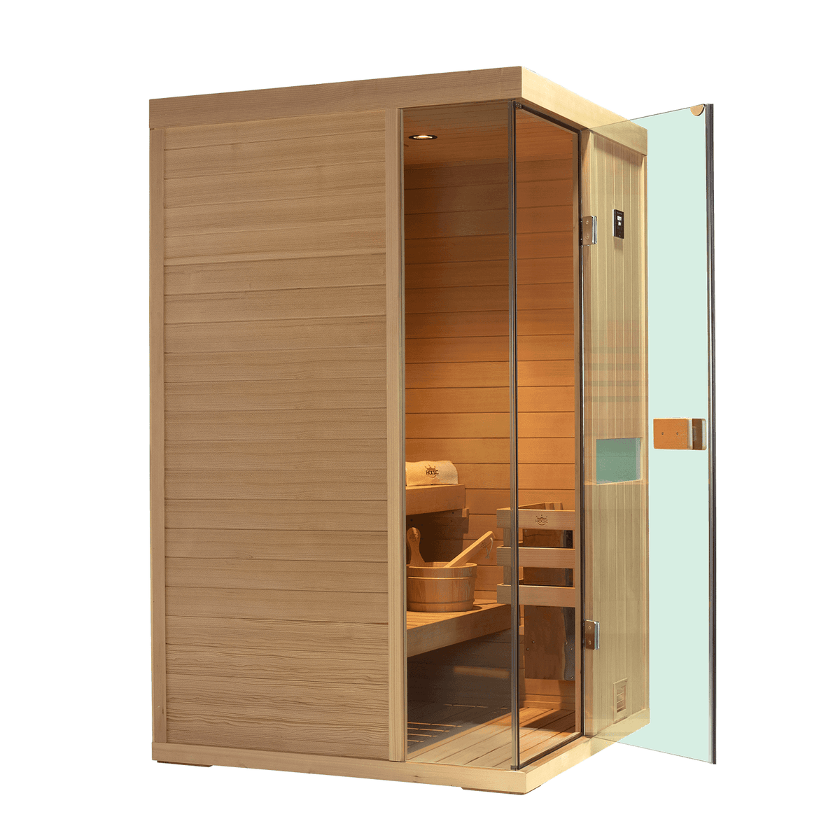 Luxury indoor sauna cabin for 2 people, solid hemlock construction, upgraded 660‑nanometer red‑light system