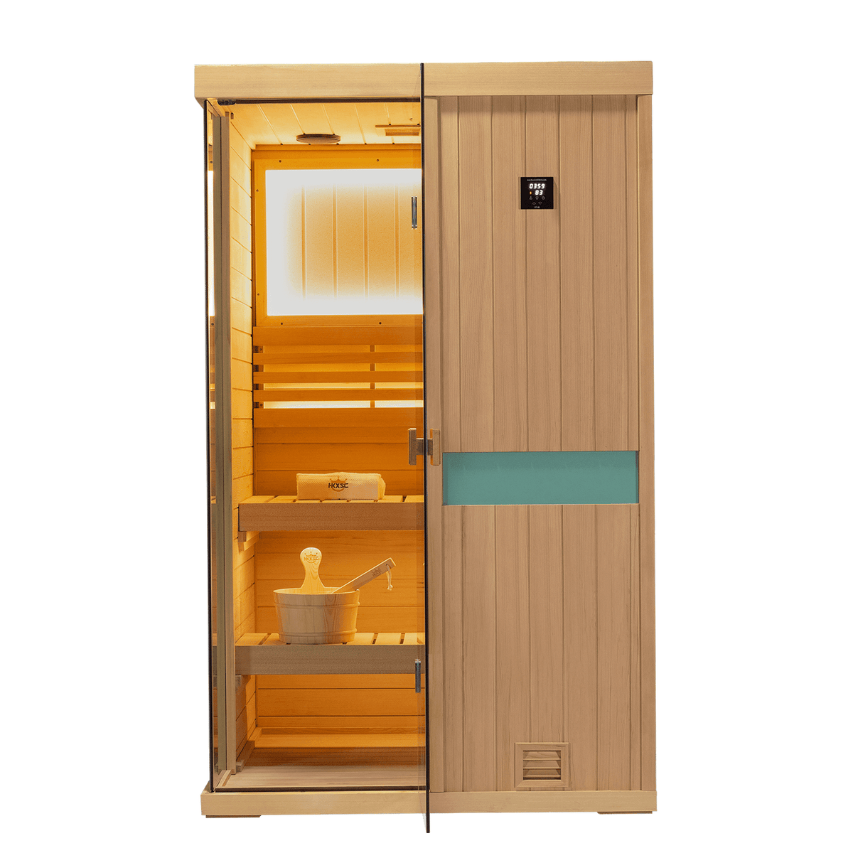 Spacious indoor 2‑seat hemlock sauna room, upgraded version with 660nm red‑light wellness lighting