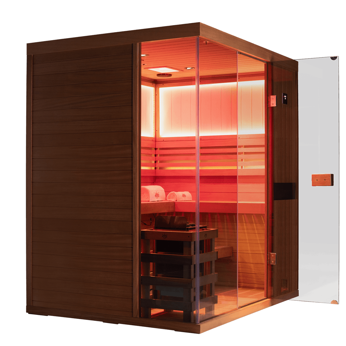 4‑person mahogany indoor steam sauna, steam rock heater assembly inside cabin