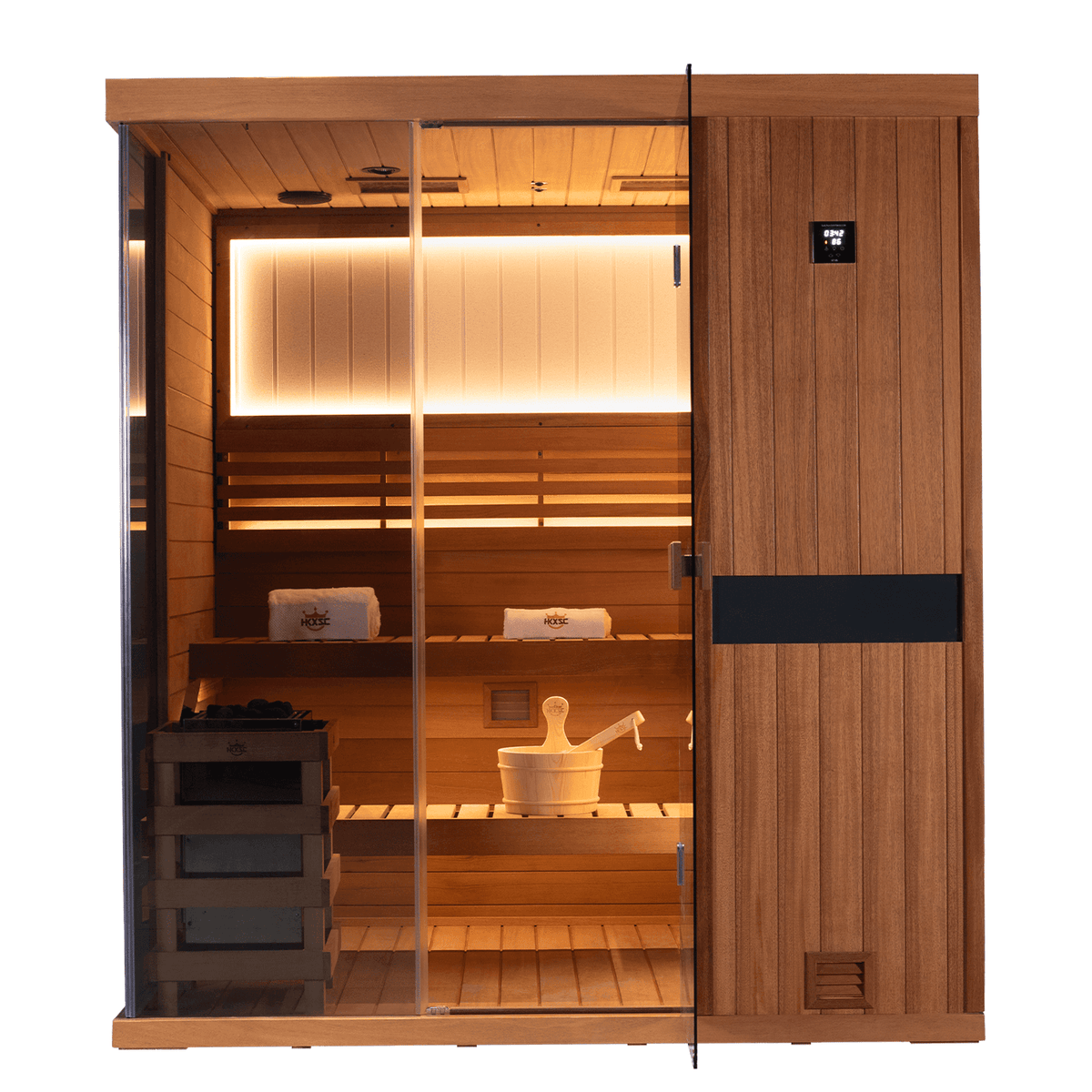 Close‑up of mahogany wood grain panel on 4‑person indoor steam sauna