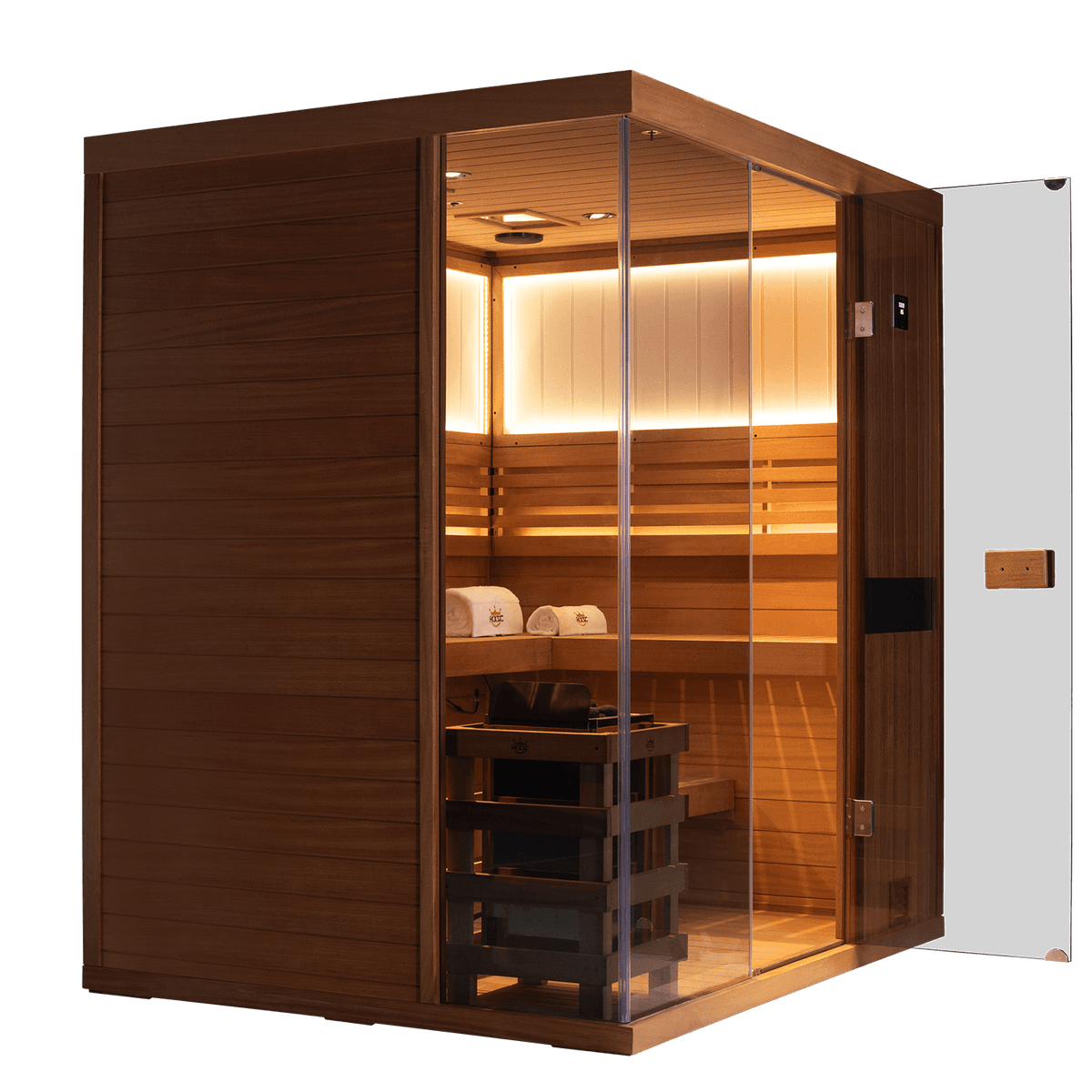 Mahogany four‑person indoor steam sauna showing glass door and metal hinges