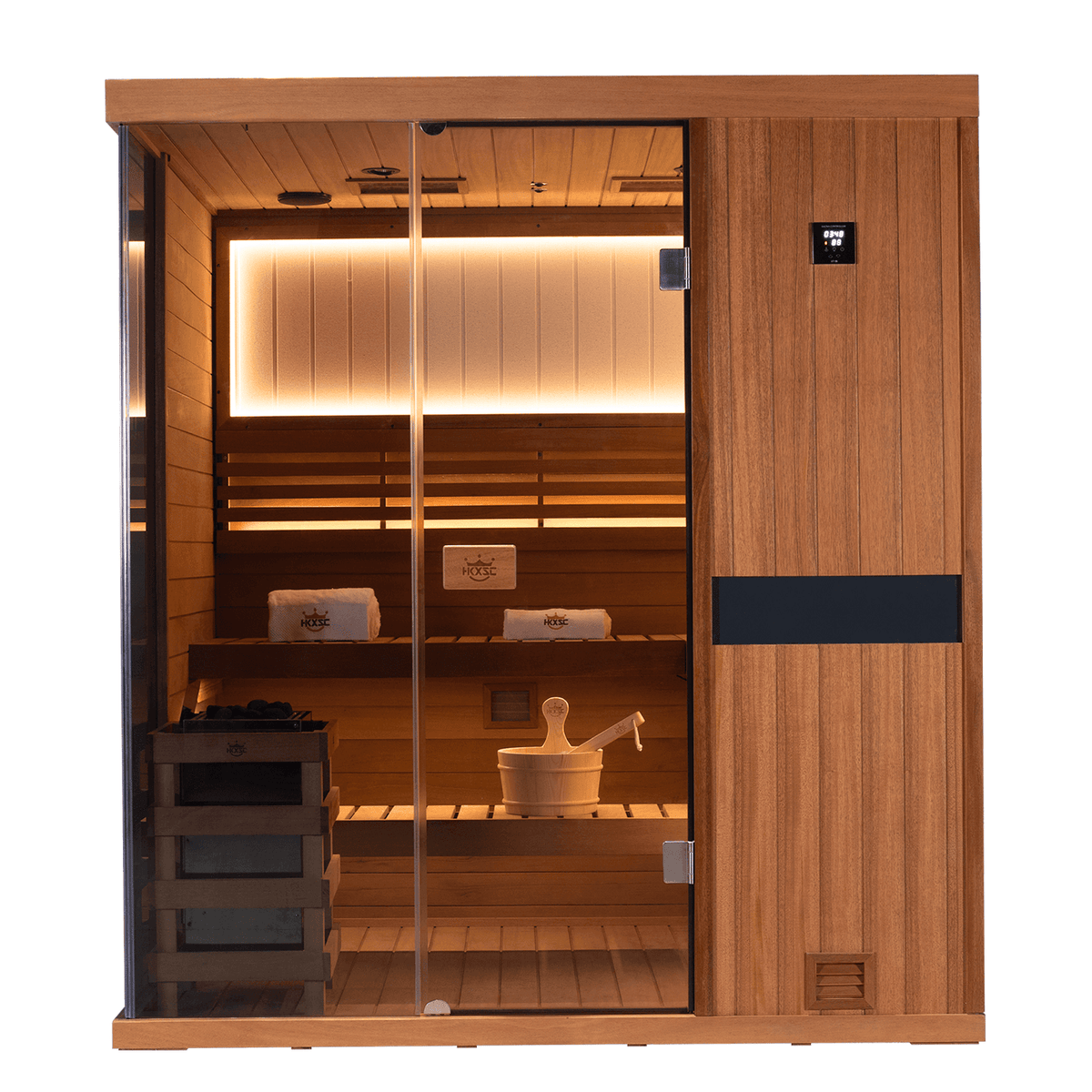 Mahogany four‑person indoor steam sauna showing glass door and metal hinges