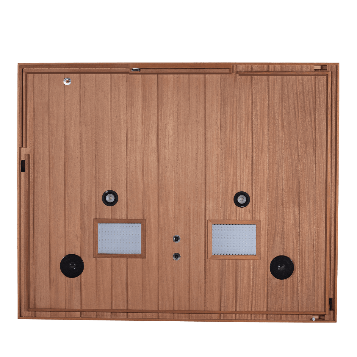 Mahogany 4‑person steam sauna interior, overhead ceiling light and ventilation panel