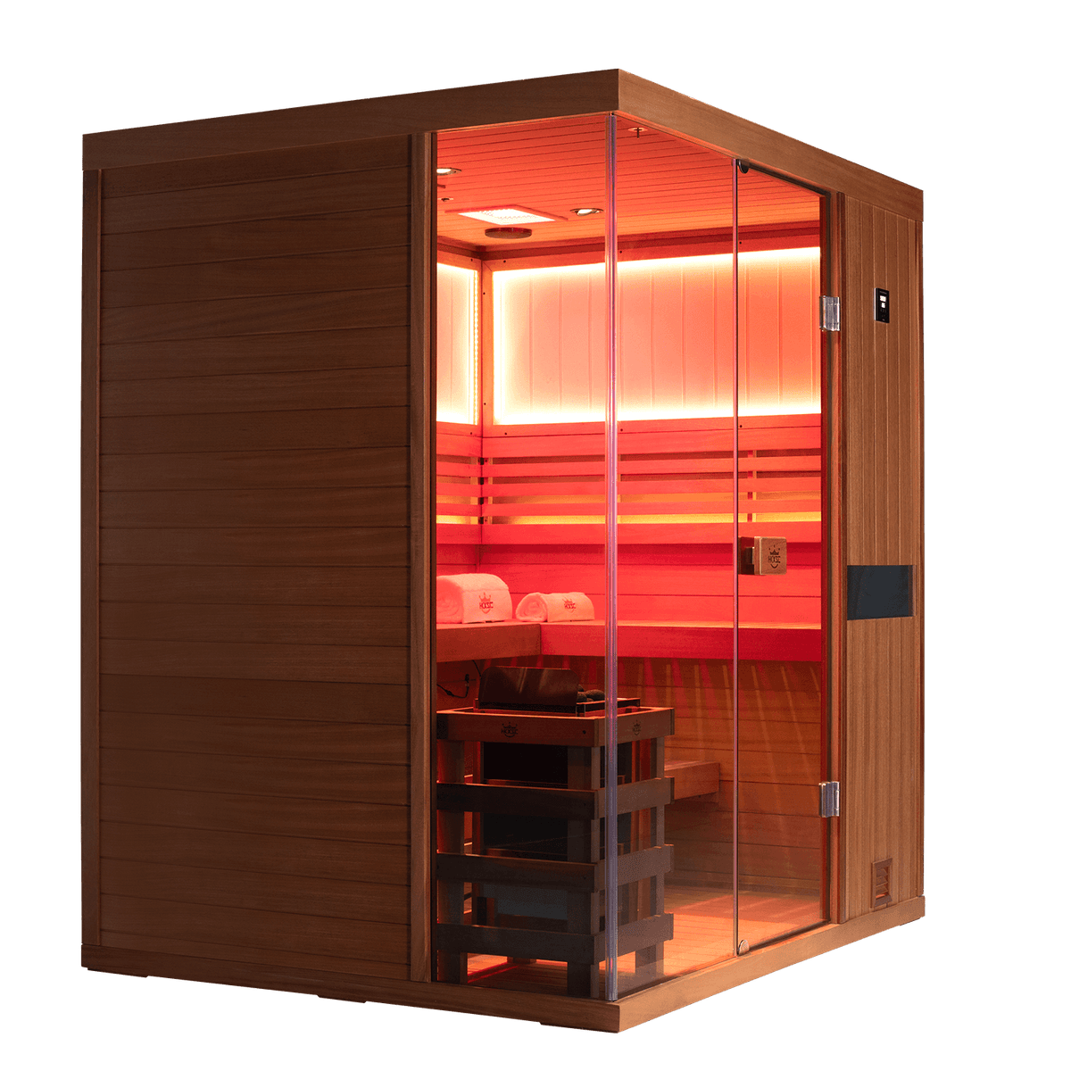 Angled three‑quarter view of mahogany 4‑person home steam sauna cabinet