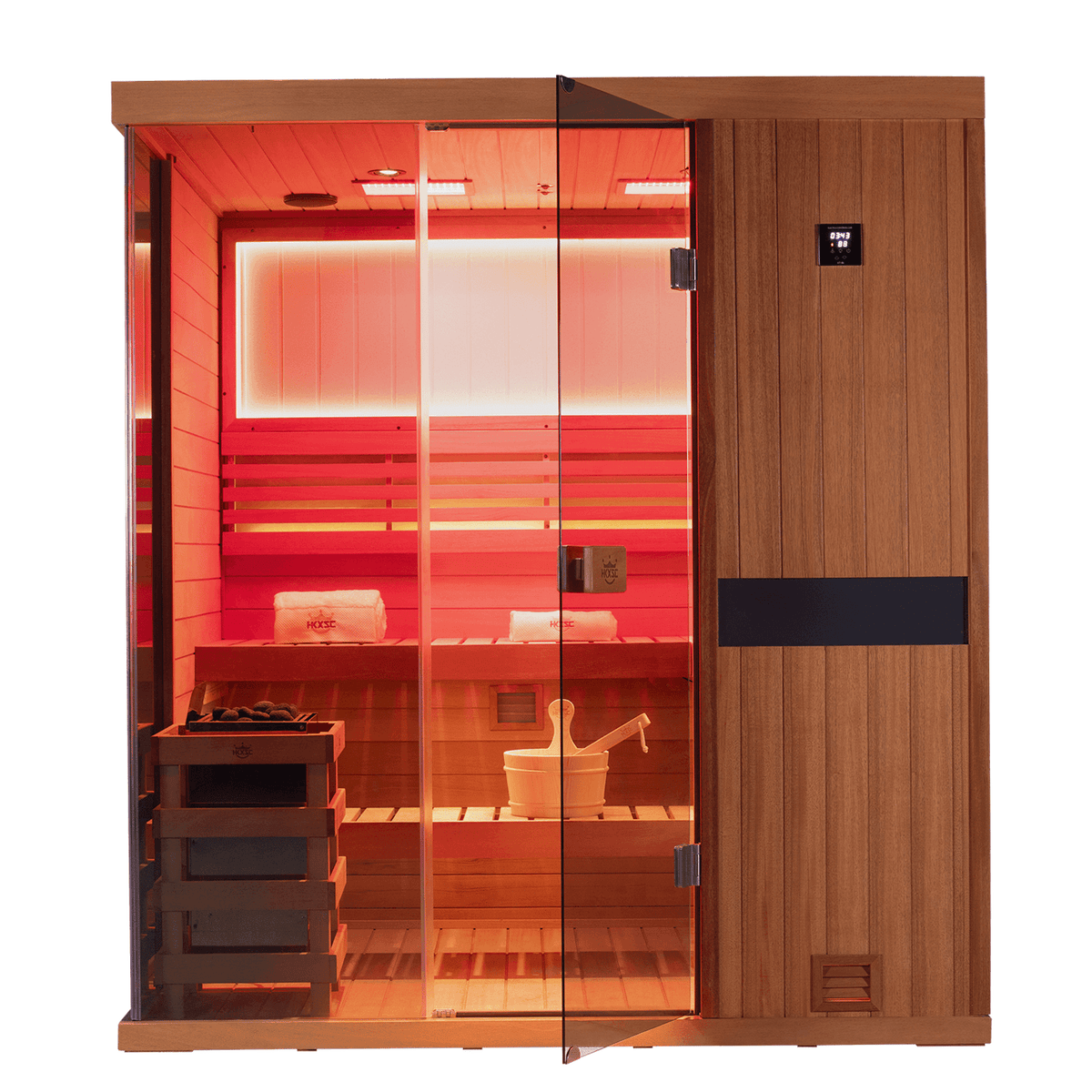 Angled three‑quarter view of mahogany 4‑person home steam sauna cabinet