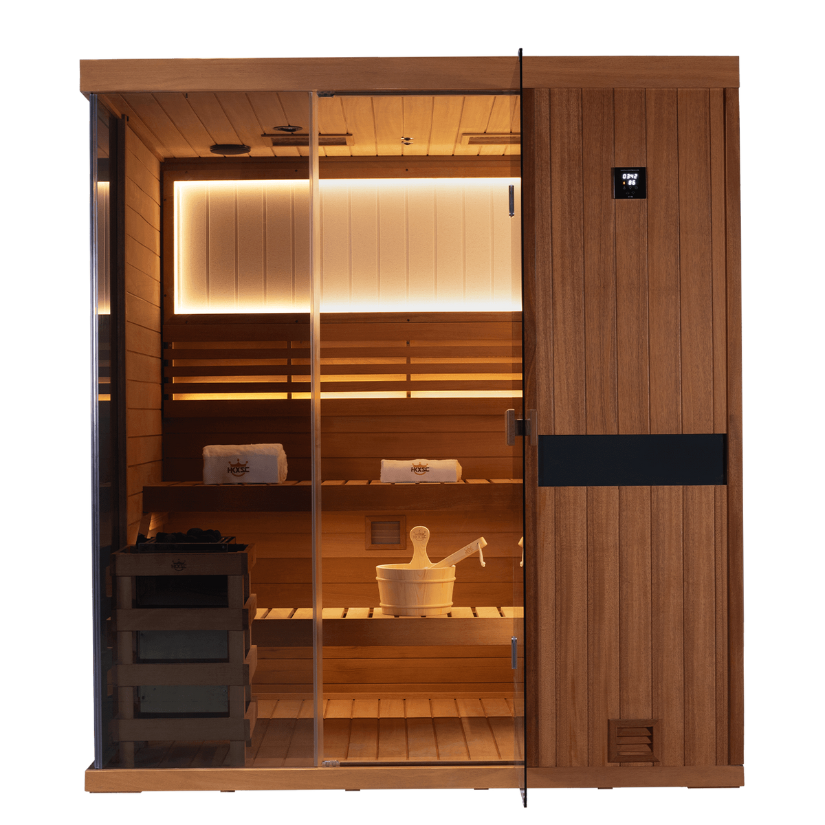 Mahogany solid wood 4‑person steam sauna, tempered green‑tinted glass door detail