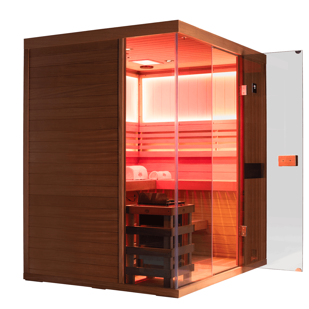 Mahogany solid wood 4‑person steam sauna, tempered green‑tinted glass door detail