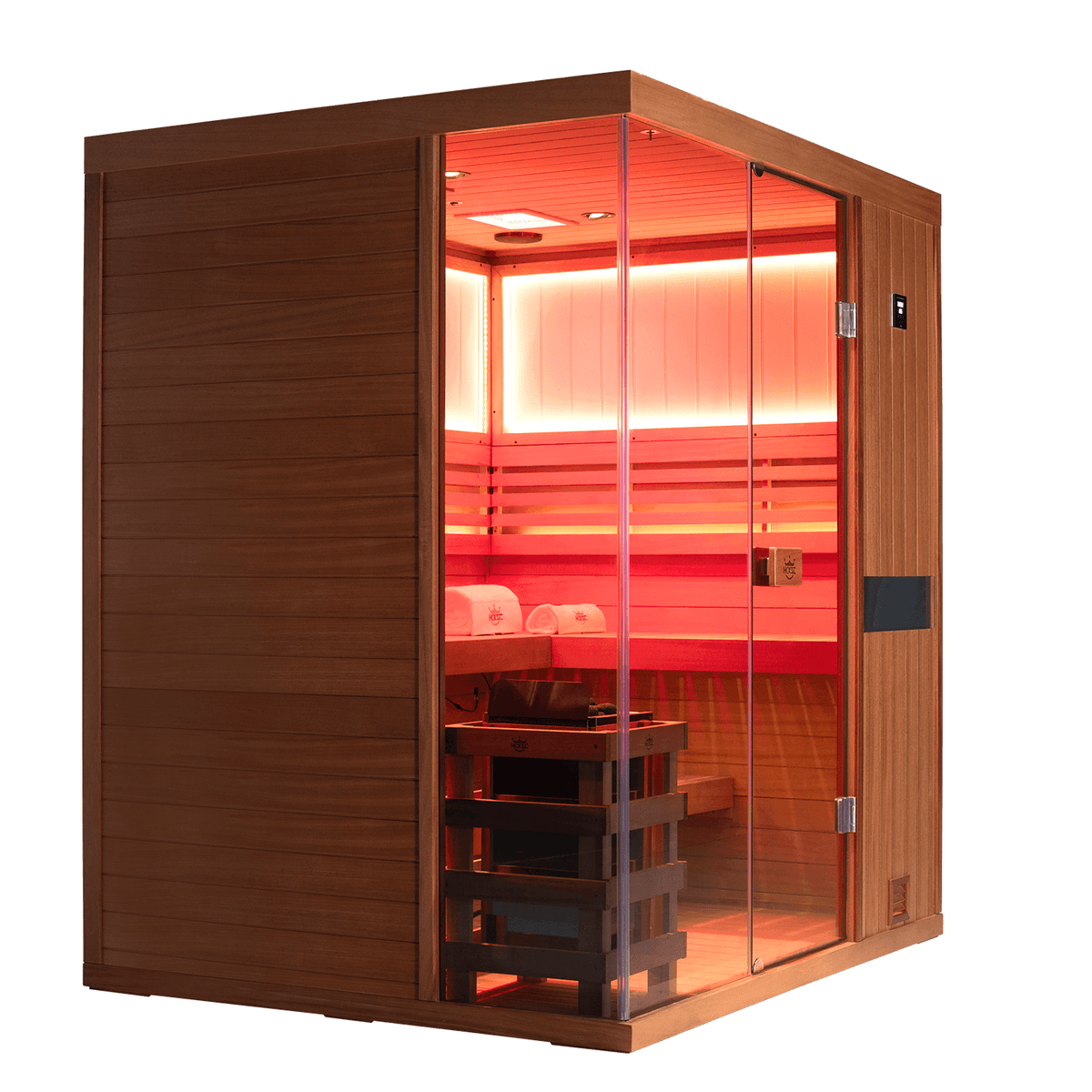 Wide shot of mahogany four‑person indoor steam sauna with complete cabin structure