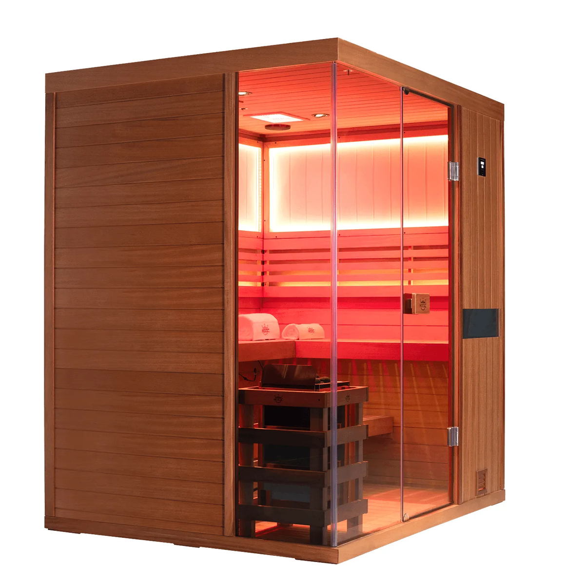 Wide shot of mahogany four‑person indoor steam sauna with complete cabin structure