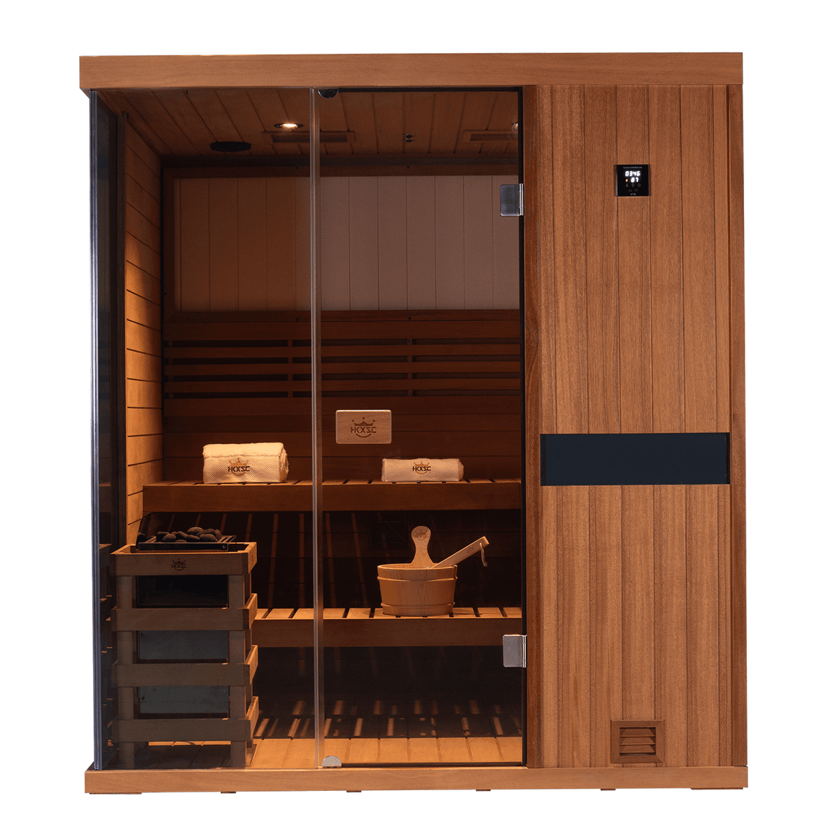 Inside view of mahogany steam sauna cabin, 4‑person capacity with layered seating