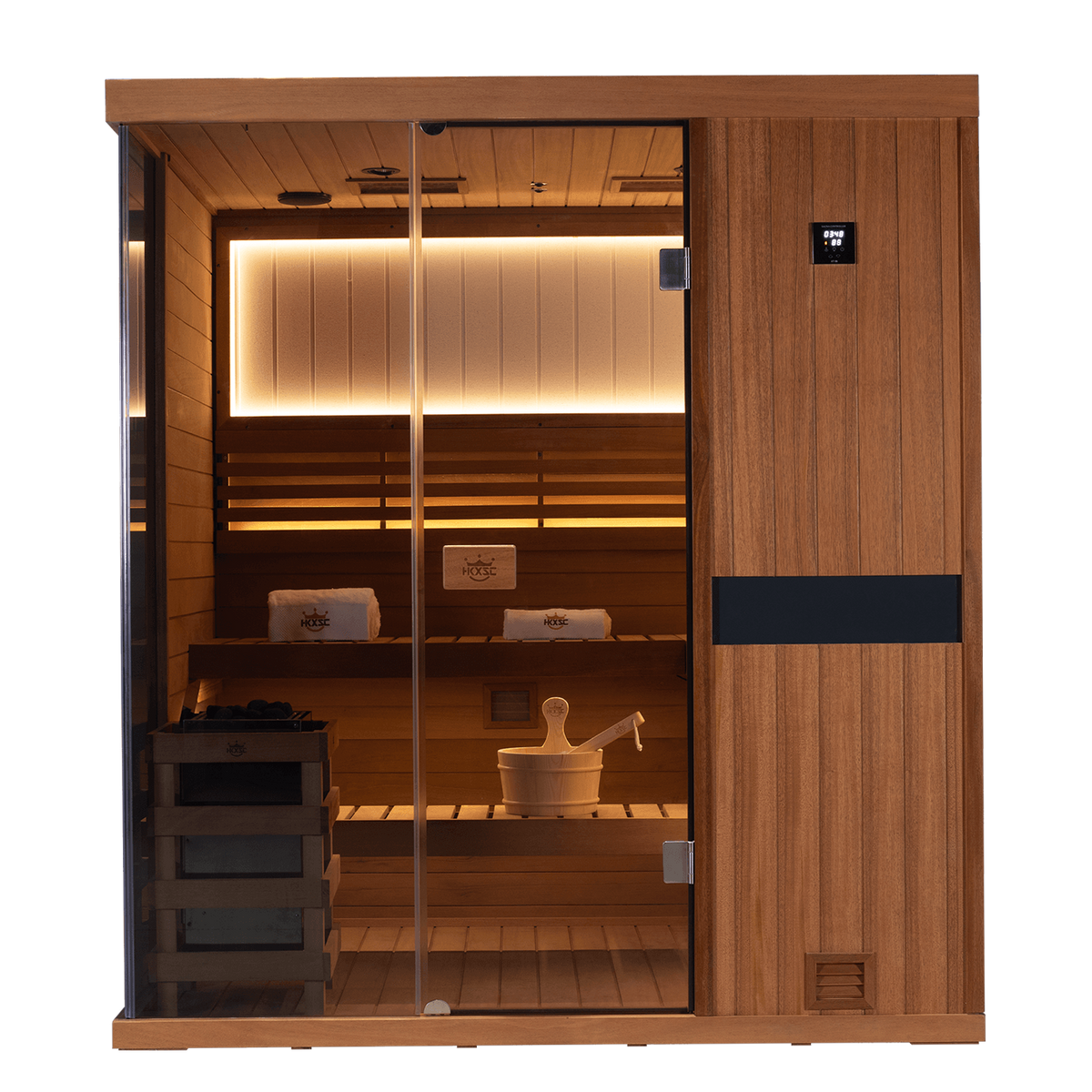 Four‑person indoor mahogany steam sauna placed inside residential home room setting