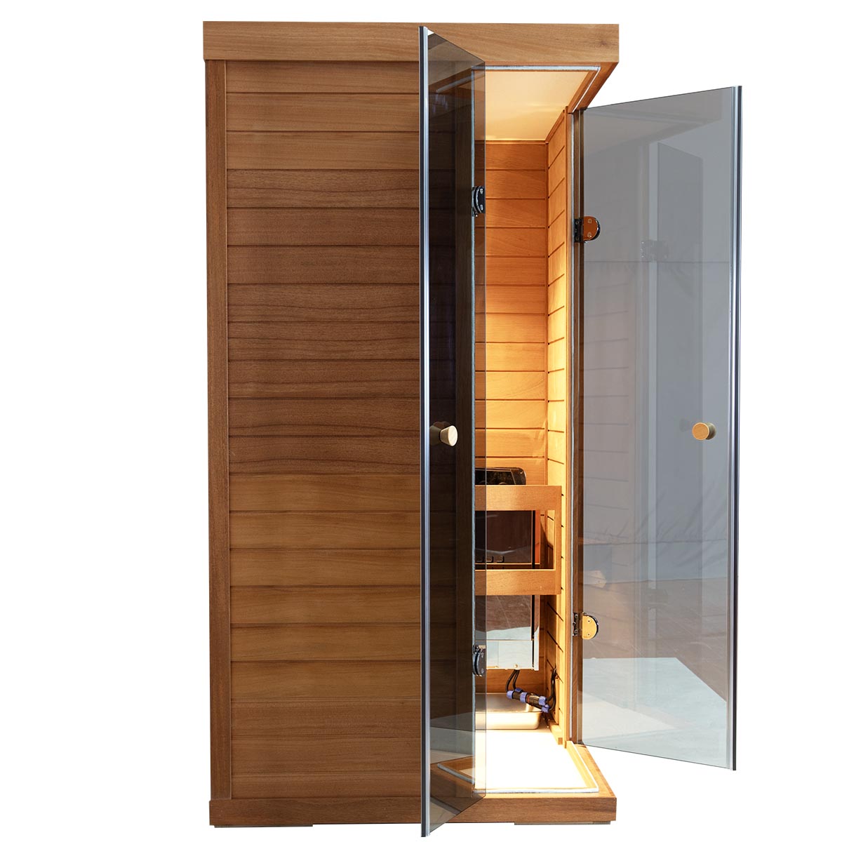 Indoor mini mahogany sauna with glass on both sides 180 degrees