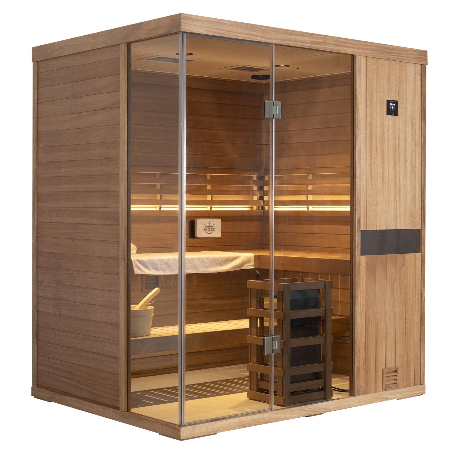 Indoor sauna for four people, made of mahogany, sauna side