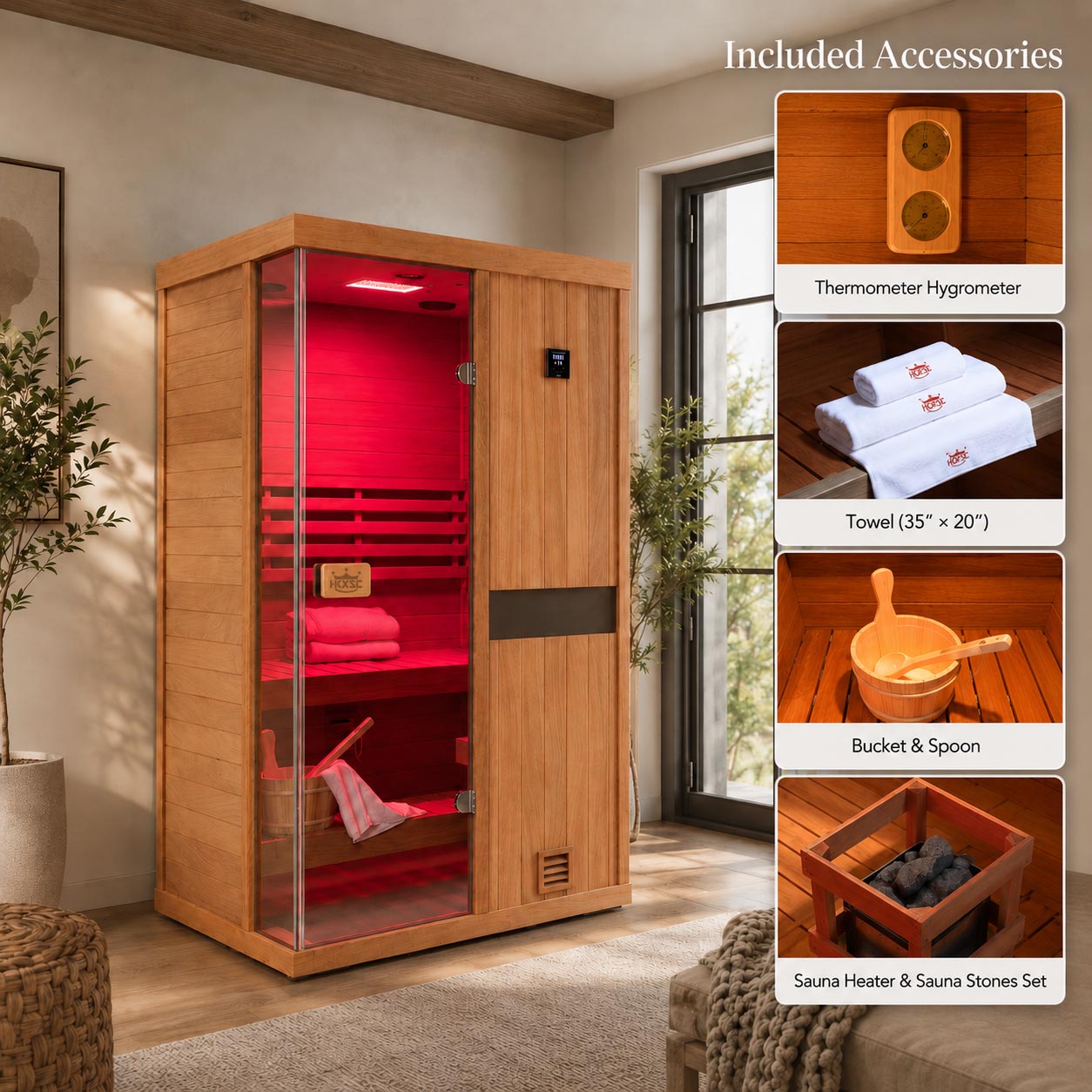 HKXSC 701ST 1-Person Indoor Mahogany Steam Sauna – Complete Accessories Set Including Steam Generator, Wooden Bucket, Ladle, Thermometer and Essential Sauna Accessories for a Full Home Spa Experience