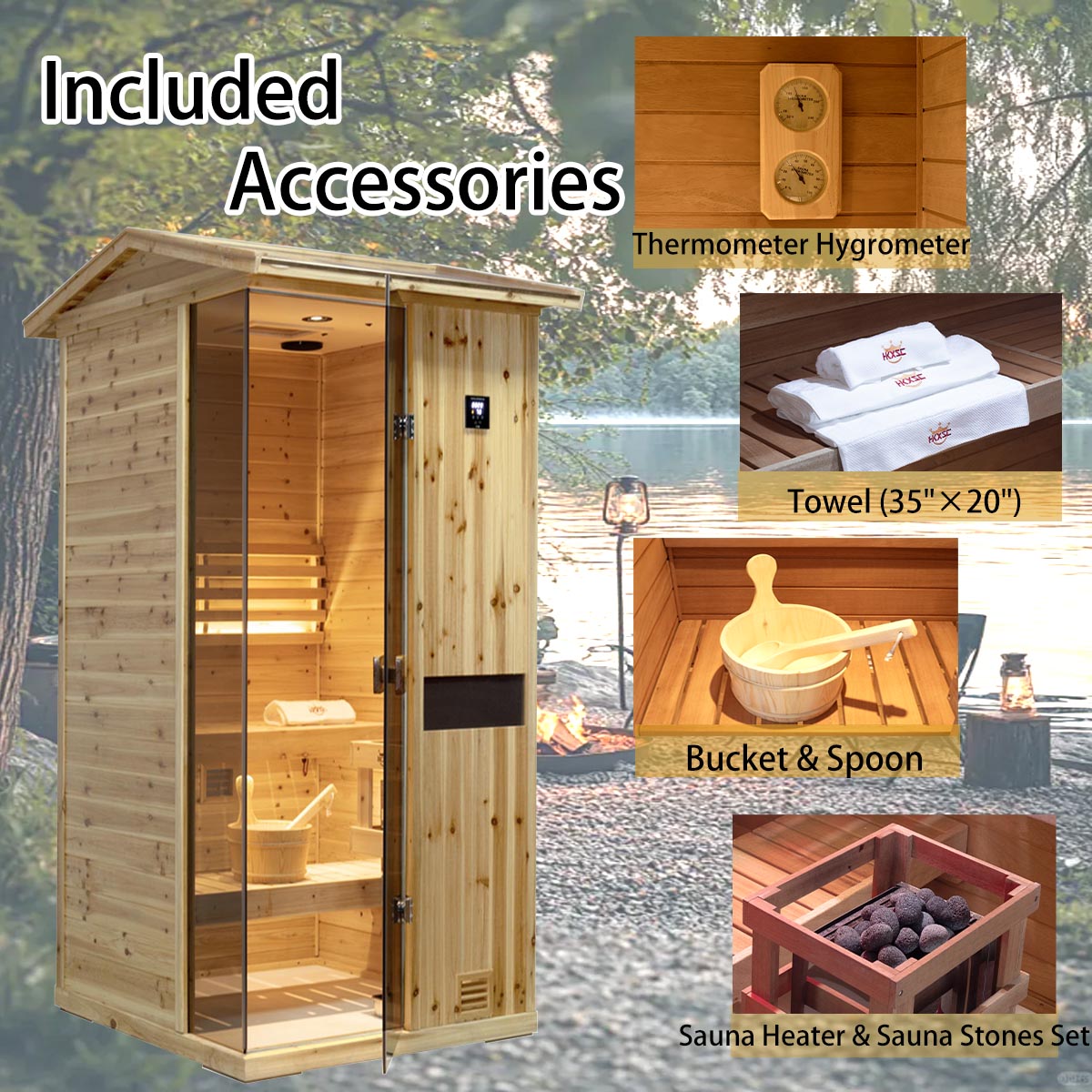 HKXSC 701VS 1-Person Outdoor Steam Sauna – Complete Accessories Set Including Sauna Heater, Wooden Bucket, Ladle, Thermometer and Essential Sauna Accessories for a Full Backyard Spa Experience