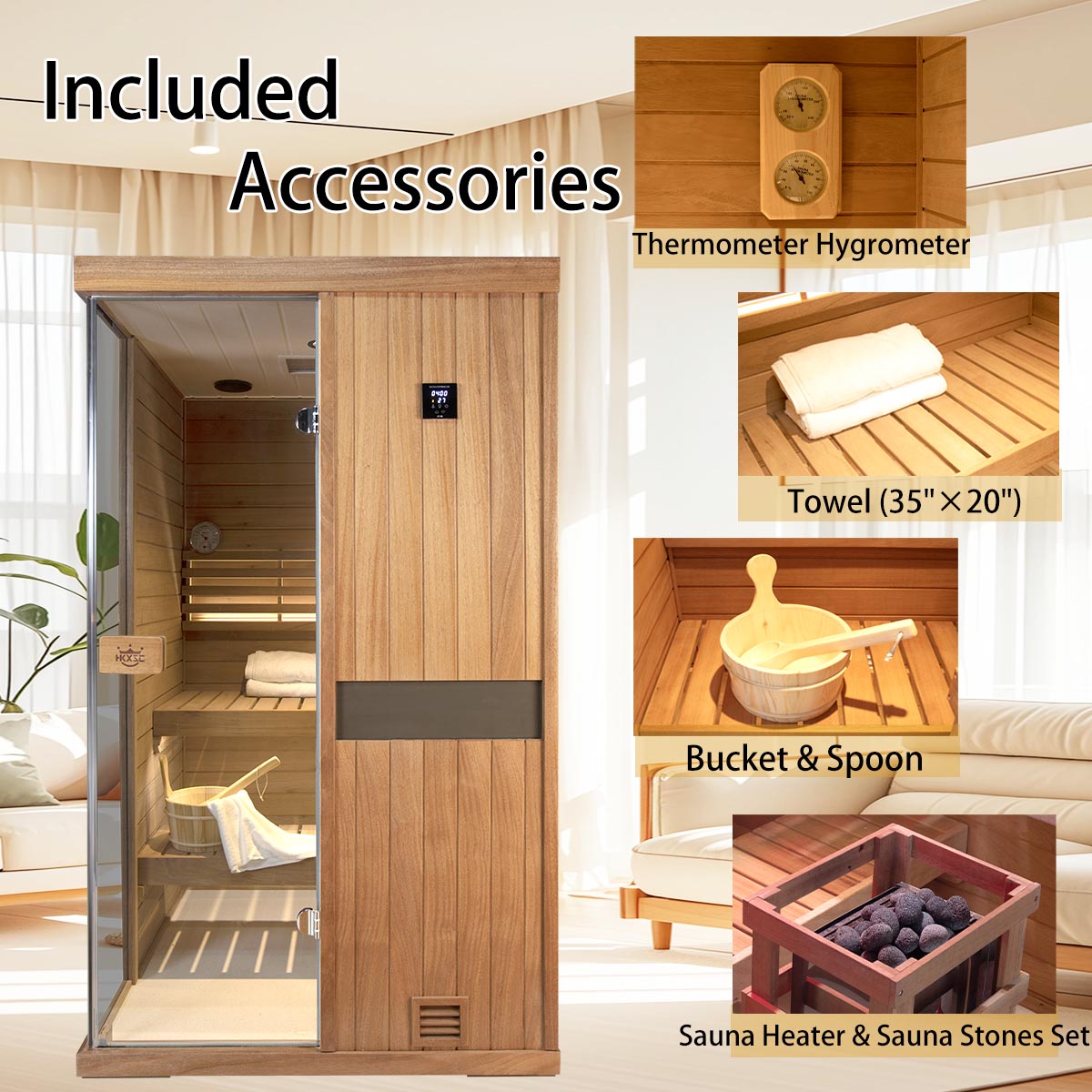 HKXSC 702ST 2-Person Indoor Mahogany Steam Sauna – Complete Accessories Set Including Steam Generator, Wooden Bucket, Ladle, Thermometer and Essential Sauna Accessories for a Full Home Spa Experience