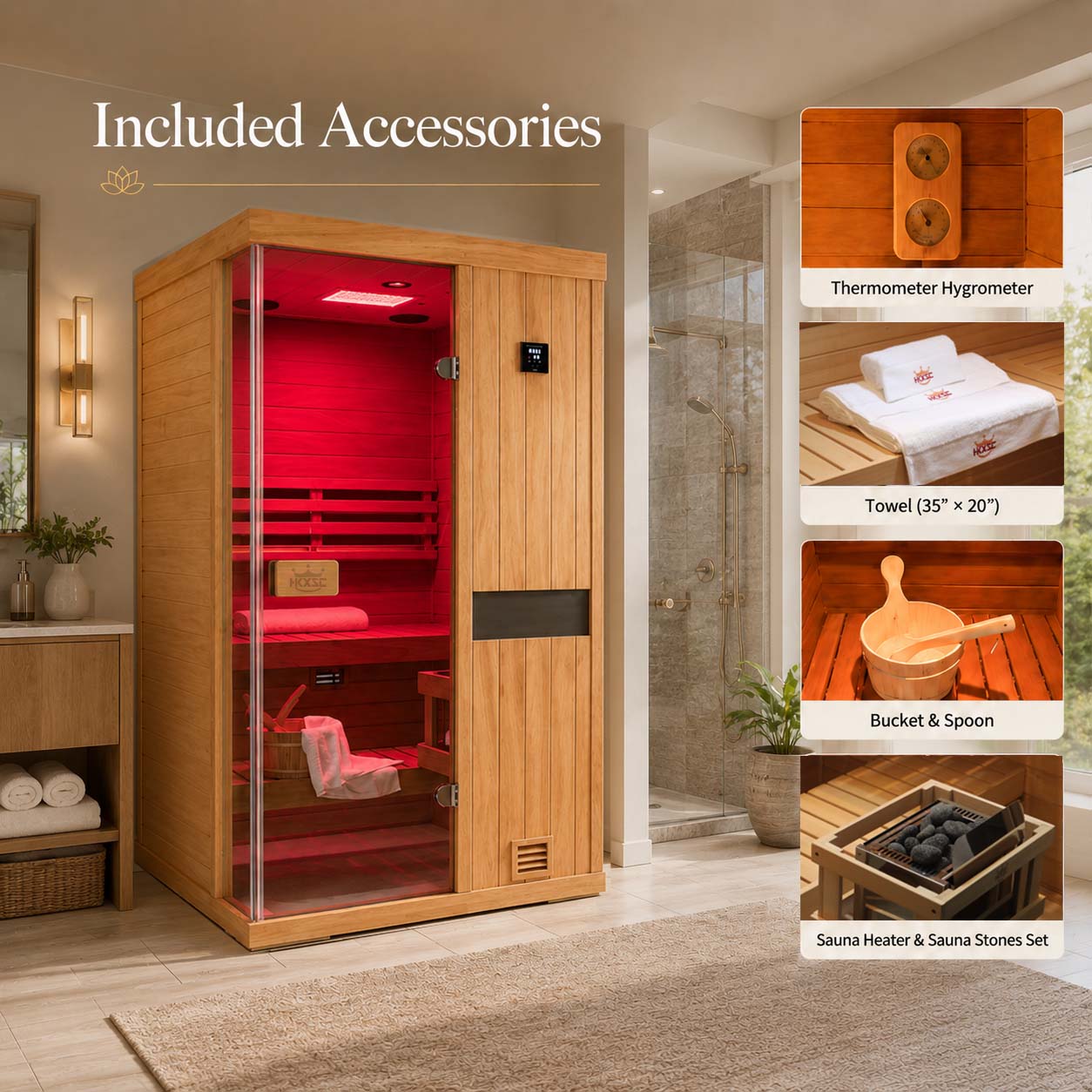 HKXSC 702ST 2-Person Indoor Mahogany Steam Sauna – Complete Accessories Set Including Steam Generator, Wooden Bucket, Ladle, Thermometer and Essential Sauna Accessories for a Full Home Spa Experience
