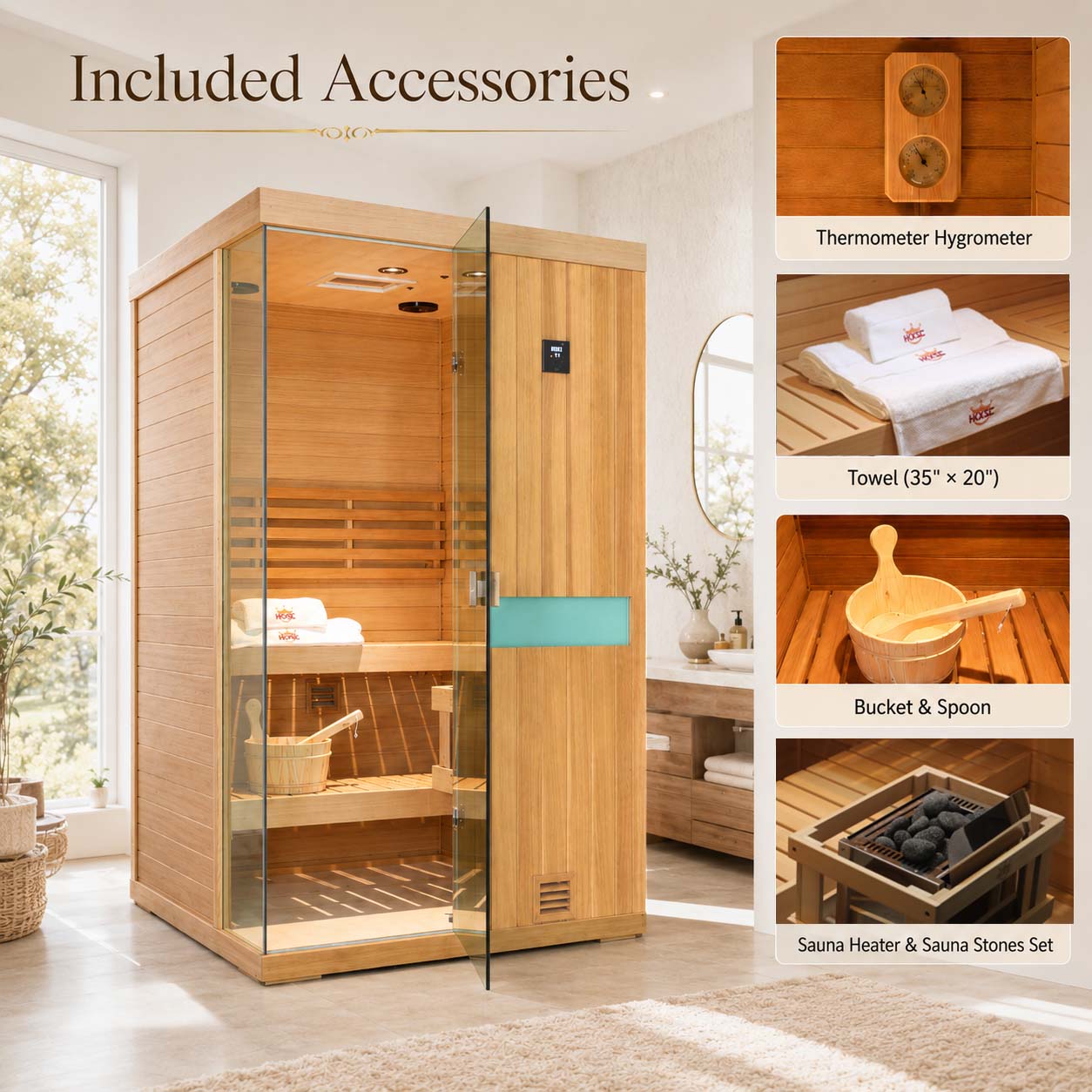 HKXSC 702SH 2-Person Indoor Hemlock Steam Sauna – Complete Accessories Set Including Steam Generator, Wooden Bucket, Ladle, Thermometer and Essential Sauna Accessories for a Full Home Spa Experience