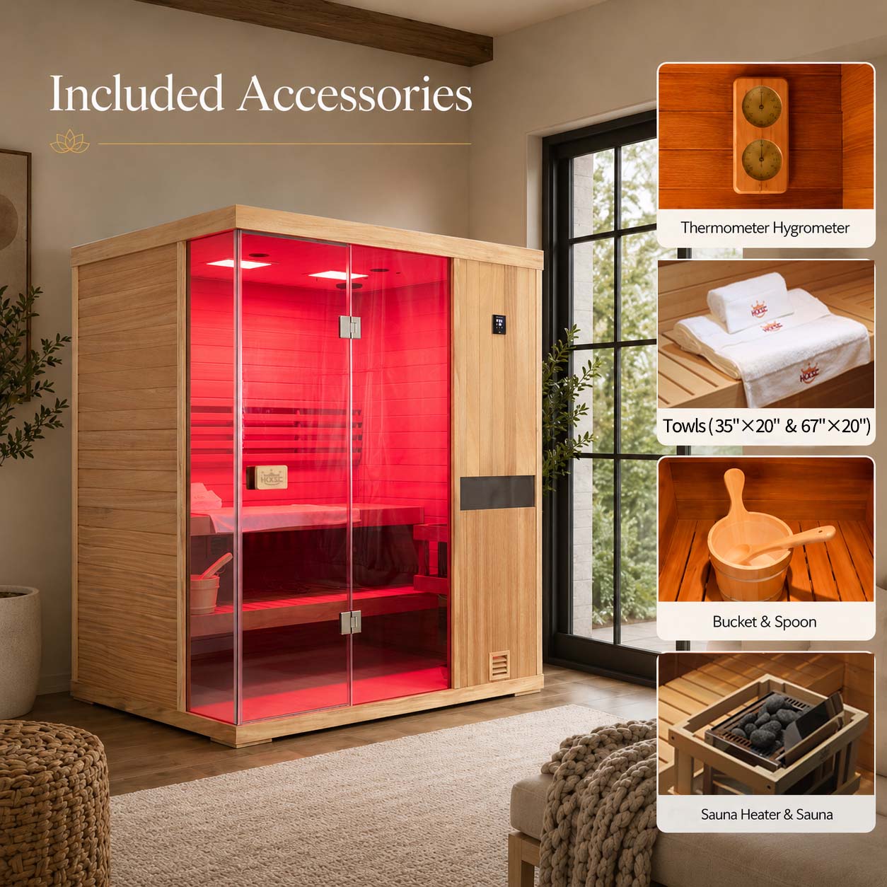 HKXSC 703ST 3-Person Indoor Mahogany Steam Sauna – Complete Accessories Set Including Steam Generator, Wooden Bucket, Ladle, Thermometer and Essential Sauna Accessories for a Full Home Spa Experience