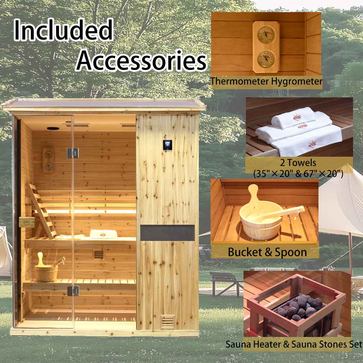 HKXSC 703VS 3-Person Outdoor Steam Sauna – Complete Accessories Set Including Sauna Heater, Wooden Bucket, Ladle, Thermometer and Essential Sauna Accessories for a Full Backyard Spa Experience