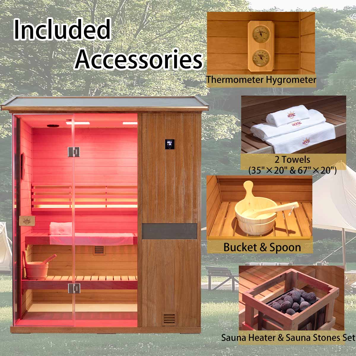 HKXSC 703VT 3-Person Outdoor Mahogany Steam Sauna – Complete Accessories Set Including Sauna Heater, Wooden Bucket, Ladle, Thermometer and Essential Sauna Accessories for a Full Backyard Spa Experience