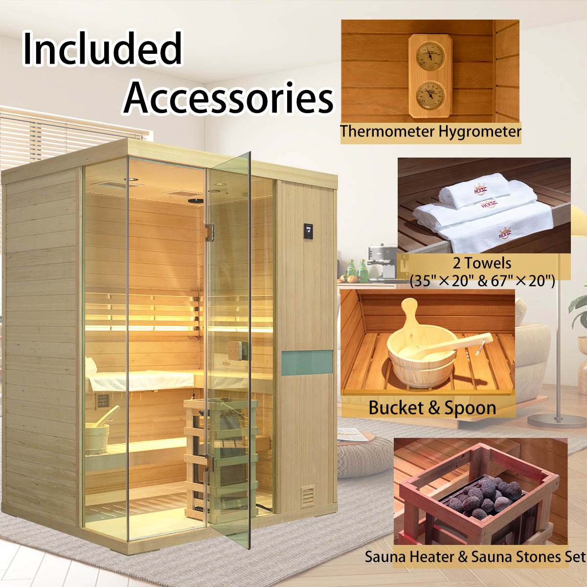 HKXSC 704SH 4-Person Indoor Hemlock Steam Sauna – Complete Accessories Set Including Sauna Heater, Wooden Bucket, Ladle, Thermometer and Essential Sauna Accessories for a Full Home Spa Experience