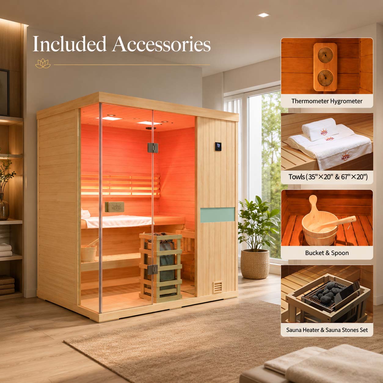 HKXSC 704SH 4-Person Indoor Hemlock Steam Sauna – Complete Accessories Set Including Sauna Heater, Wooden Bucket, Ladle, Thermometer and Essential Sauna Accessories for a Full Home Spa Experience