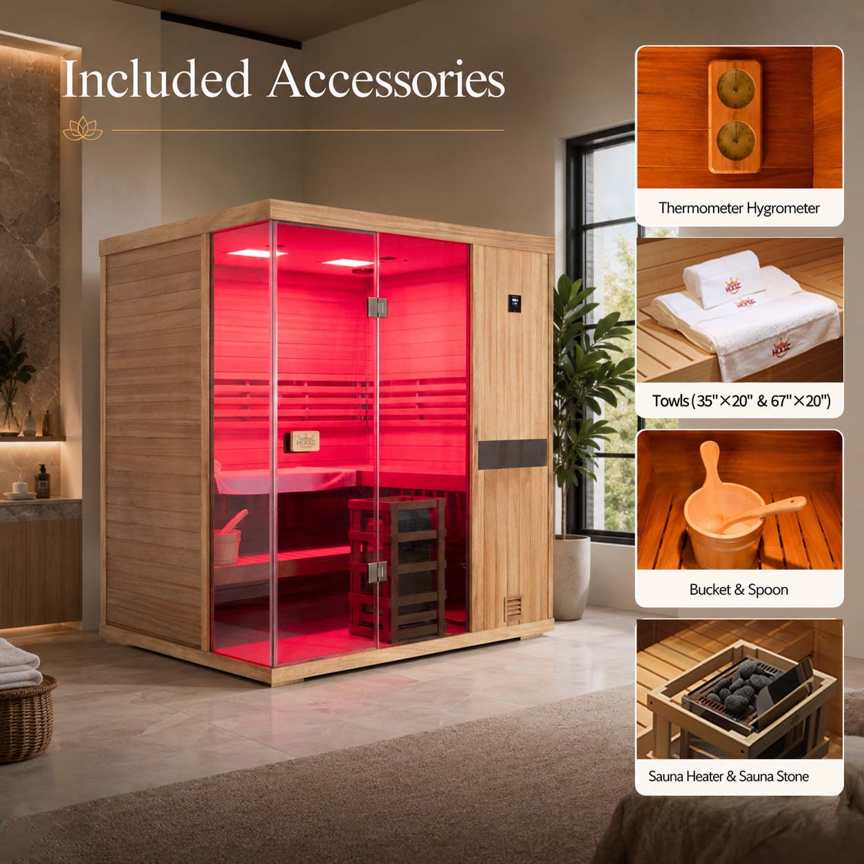 HKXSC 704ST 4-Person Indoor Mahogany Steam Sauna – Complete Accessories Set Including Sauna Heater, Wooden Bucket, Ladle, Thermometer and Essential Sauna Accessories for a Full Home Spa Experience