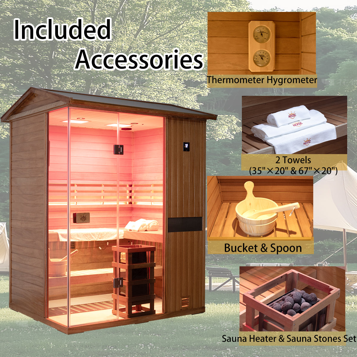 HKXSC 704VT 4-Person Outdoor Mahogany Steam Sauna – Complete Accessories Set Including Sauna Heater, Wooden Bucket, Ladle, Thermometer and Essential Sauna Accessories for a Full Backyard Spa Experience