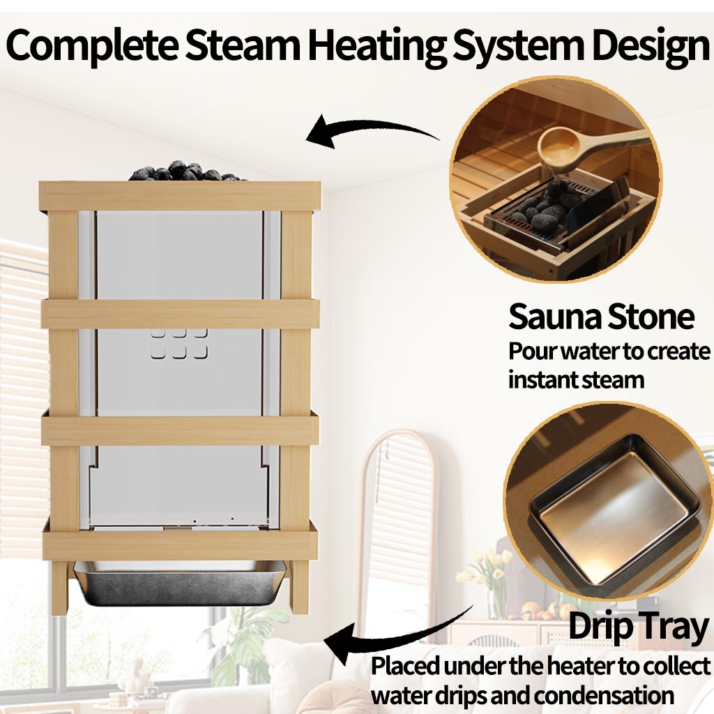 HKXSC Sauna Heating System – Natural Sauna Stones Stacked on Heater Guard Frame with Integrated Drip Tray, Featuring Solid Hemlock Wood Surround for Consistent and Safe Heat Distribution