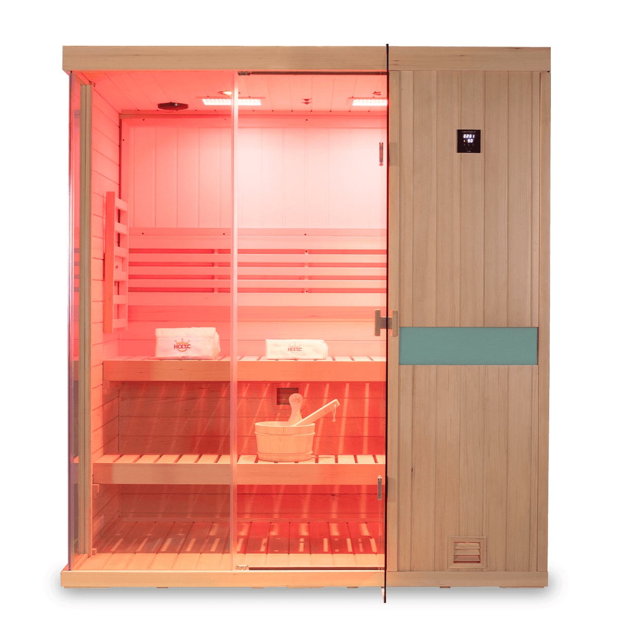HKXSC 703SHU control panel close-up on upgraded hemlock indoor steam sauna for three users