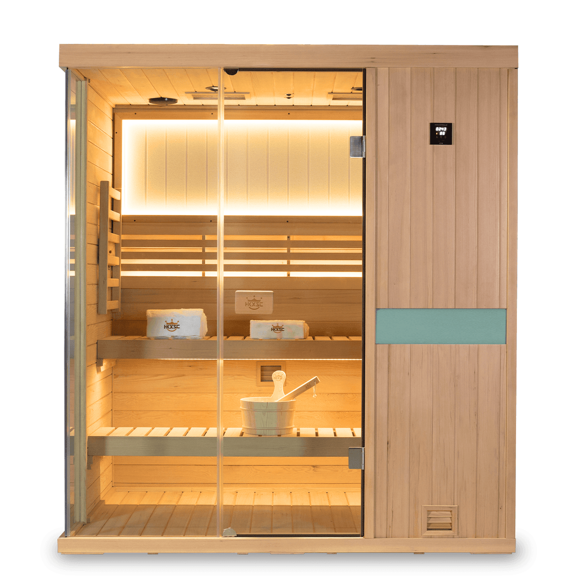 Interior view of HKXSC 703SHU upgraded hemlock indoor steam sauna for three adults