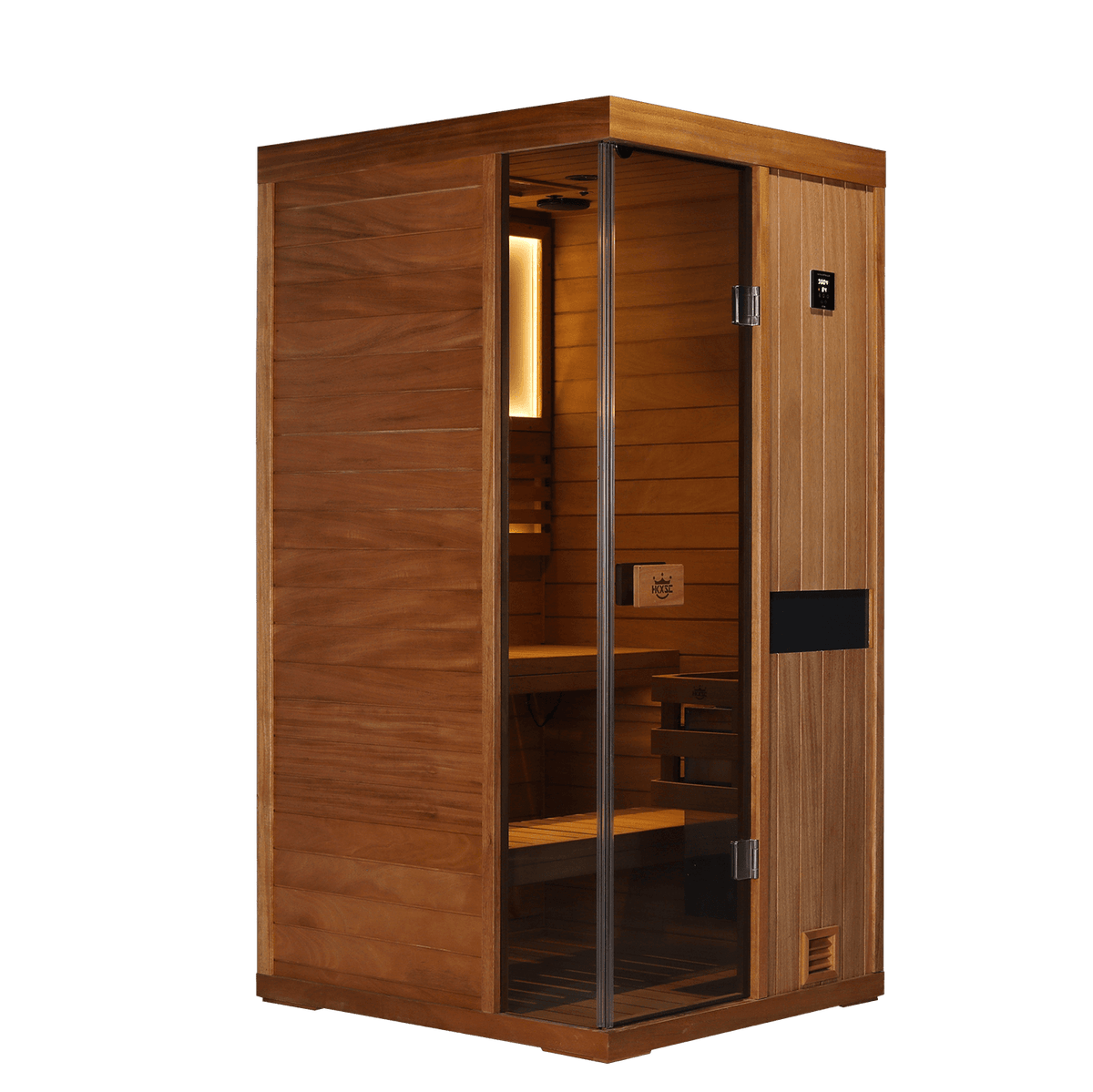 HKXSC 701ST 1-Person home sauna made from African mahogany with a water-based clear finish, designed for indoor placement