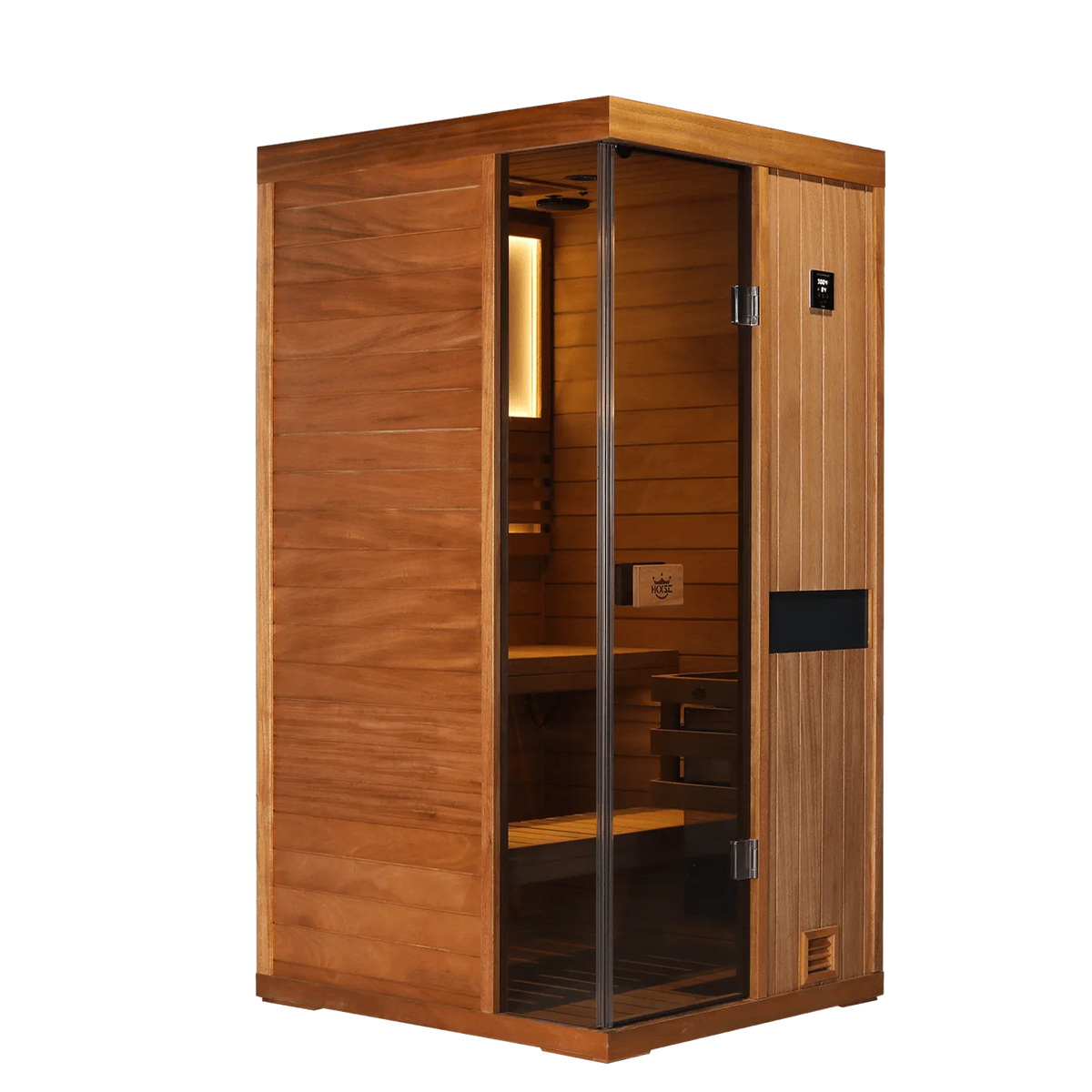 HKXSC 701ST 1-Person home sauna made from African mahogany with a water-based clear finish, designed for indoor placement