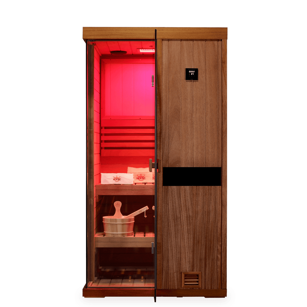 HKXSC 701STU 1-Person home sauna made from African mahogany with a water-based clear finish, designed for indoor placement