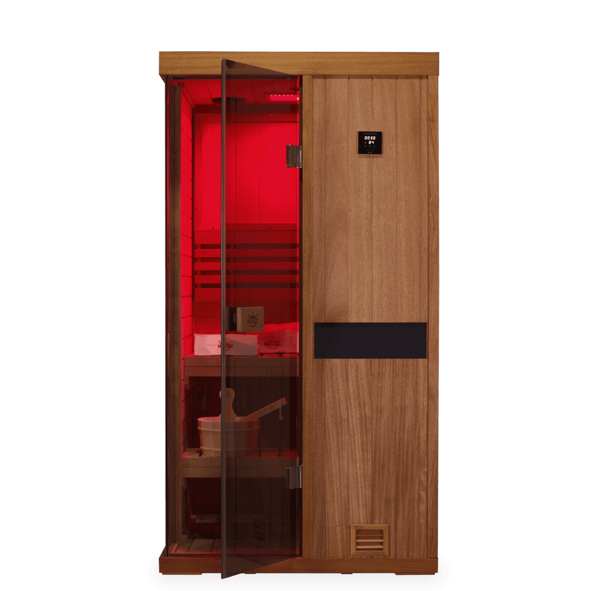 HKXSC 701ST 1-Person indoor sauna crafted from African mahogany, with 660nm red lights and negative-ion panels