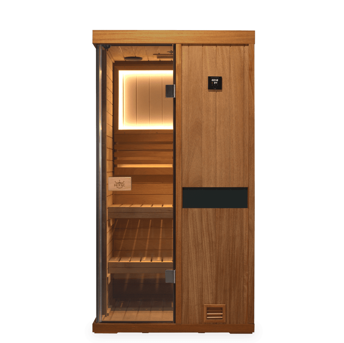 HKXSC 701ST 1-Person African mahogany indoor sauna with a water-based clear finish that preserves the natural appearance of the wood