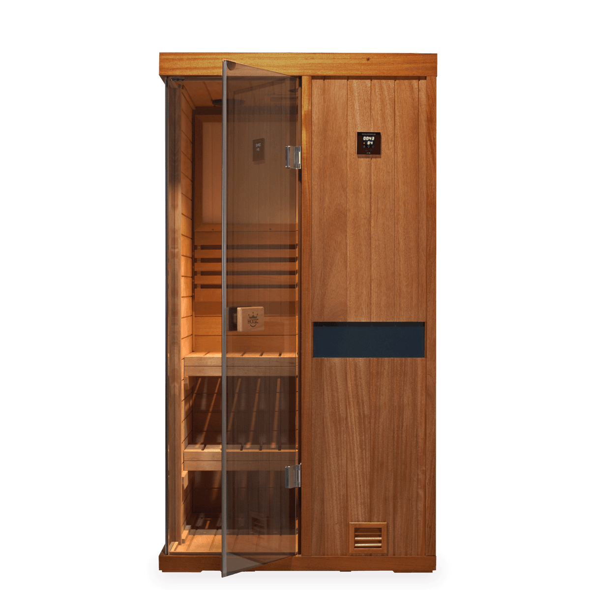 HKXSC 701ST 1-Person African mahogany home sauna combining 660nm red lights and negative-ion panels