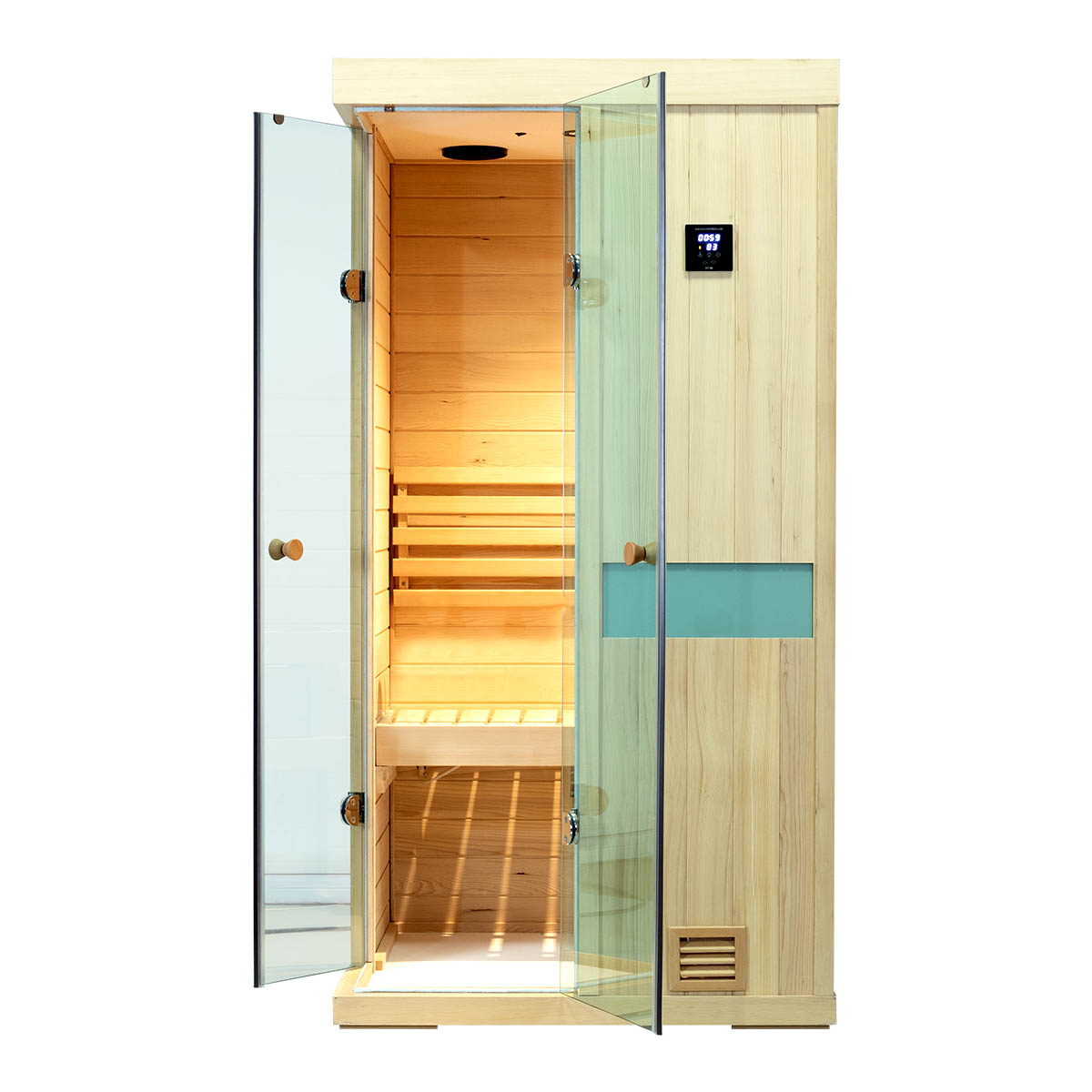 Indoor_mini_hemlock_steam_sauna_Model_700SH obverse show The glass can be opened 180 degrees