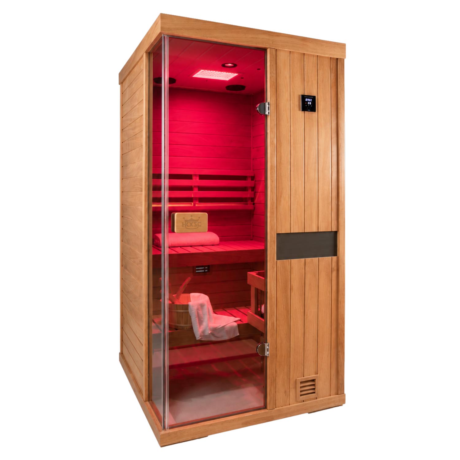 Classic mahogany wooden steam sauna spa room equipped with control panel for adjustable temperature and steam level control