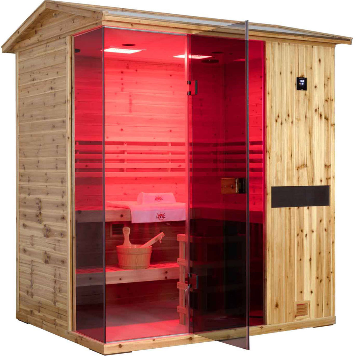 High quality outdoor steam sauna with old fir material and V-shaped top design