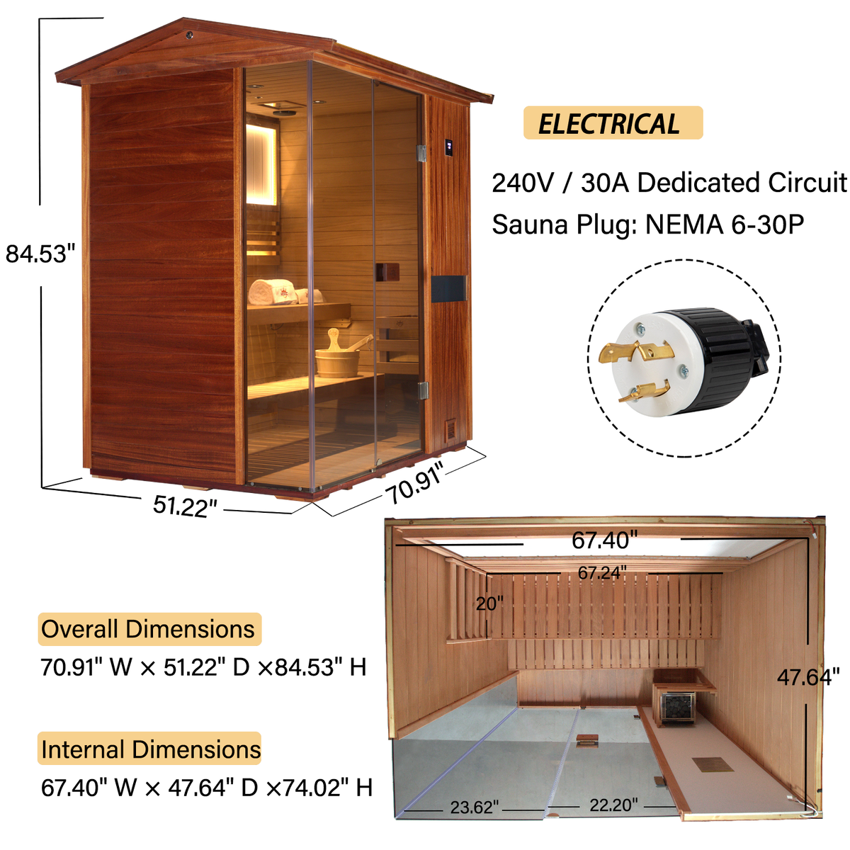HKXSC_Outdoor_Backyard_Upgraded_Traditional_Steam_sauna_703VTU_ALL_INCH Size layout of upgraded single steam sauna, showing exterior