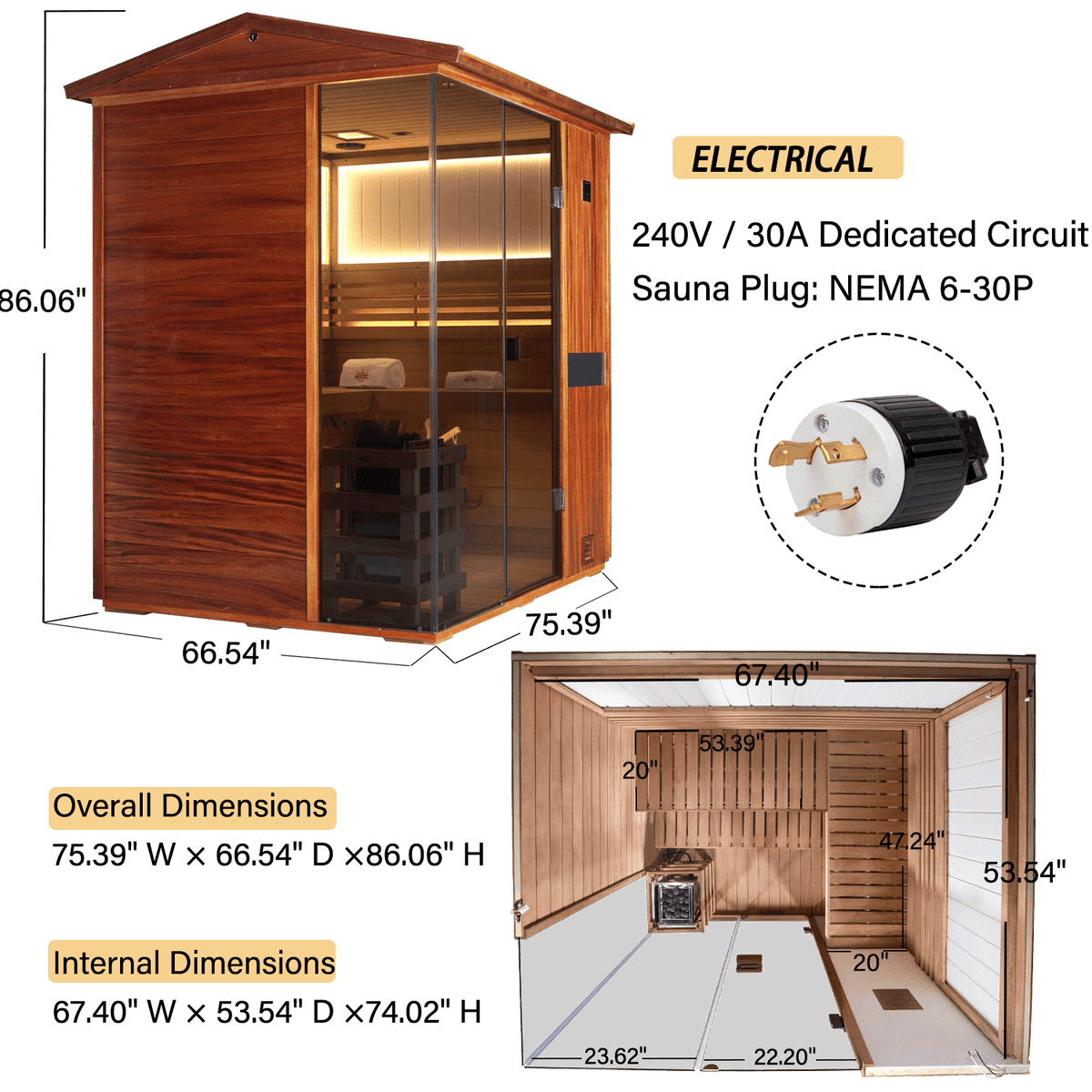 HKXSC Outdoor Backyard Upgraded Traditional Steam sauna 704VTU_ALL_INCH Interior and exterior dimension diagram of 4-person indoor steam sauna,