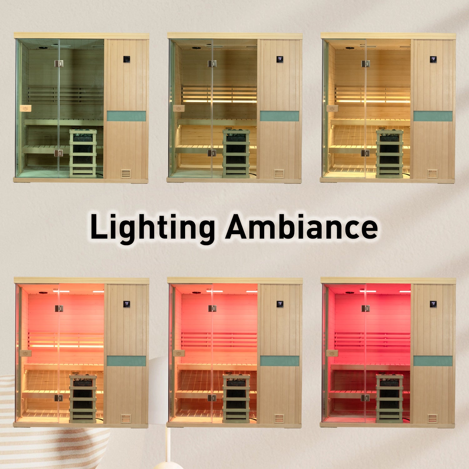 Premium sauna room atmosphere light, quiet non-glare lighting for thermal therapy