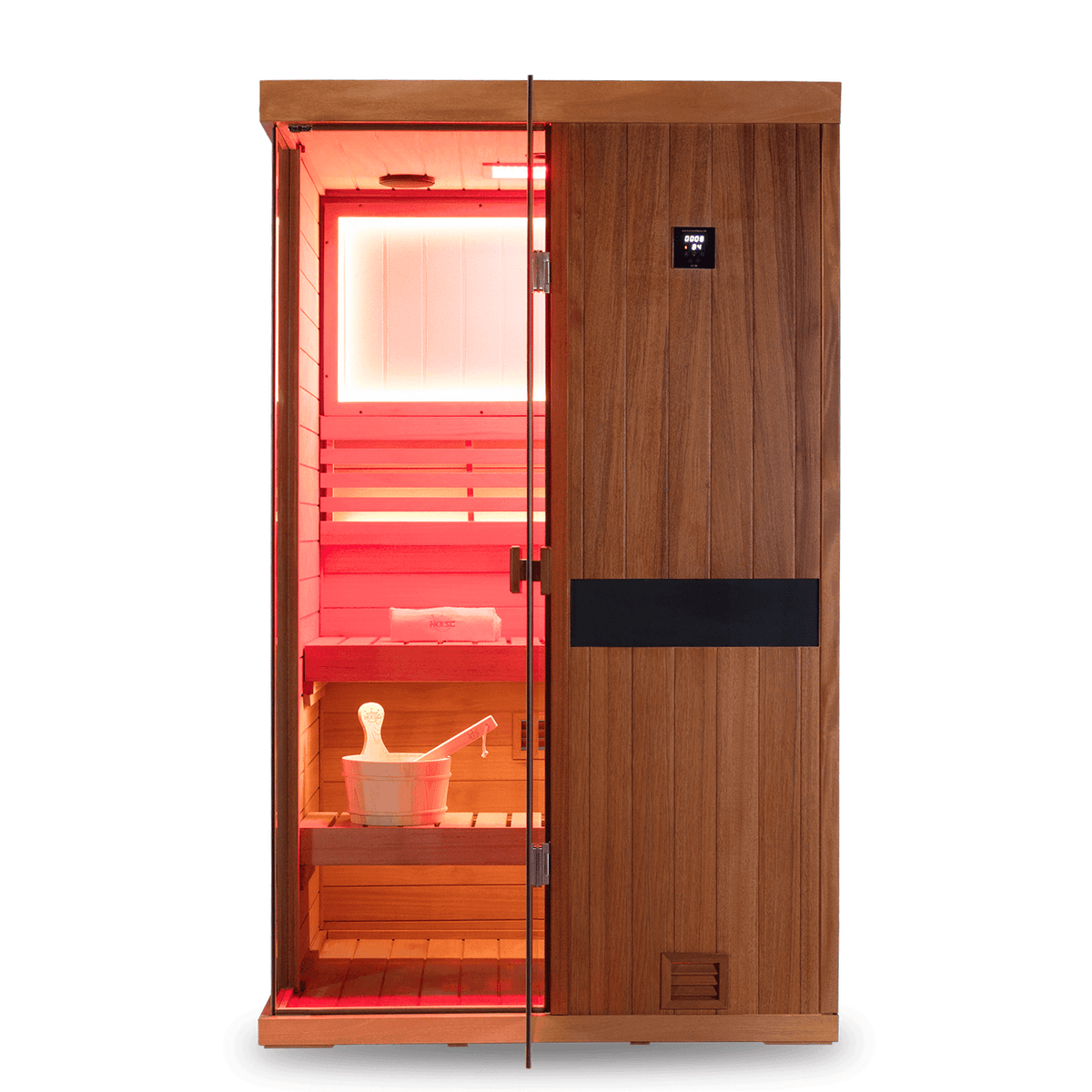 Two-person home spa steam sauna made of natural mahogany wood, equipped with negative ion and 660nm red light therapy