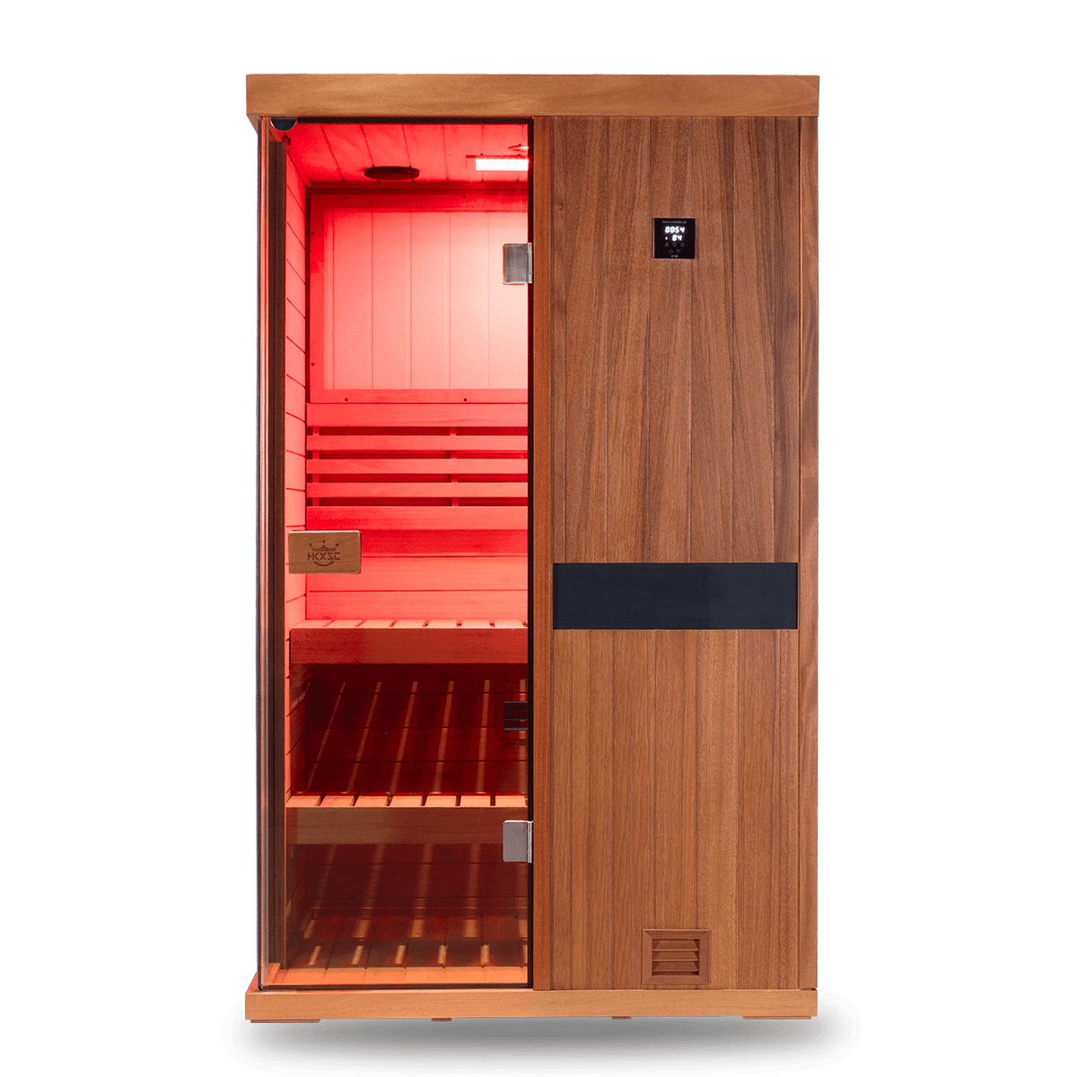 2 Person mahogany steam sauna for indoor home use, traditional steam heating, 660nm red light therapy and negative ion air refresh