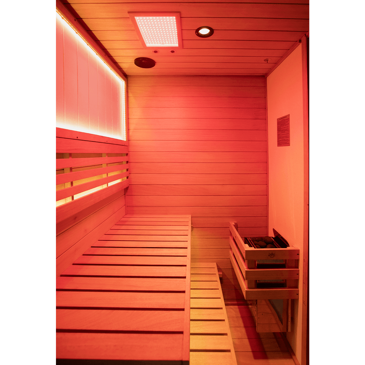 Side profile of 2-person mahogany indoor steam sauna, complete negative ion system and 660nm red light therapy panels
