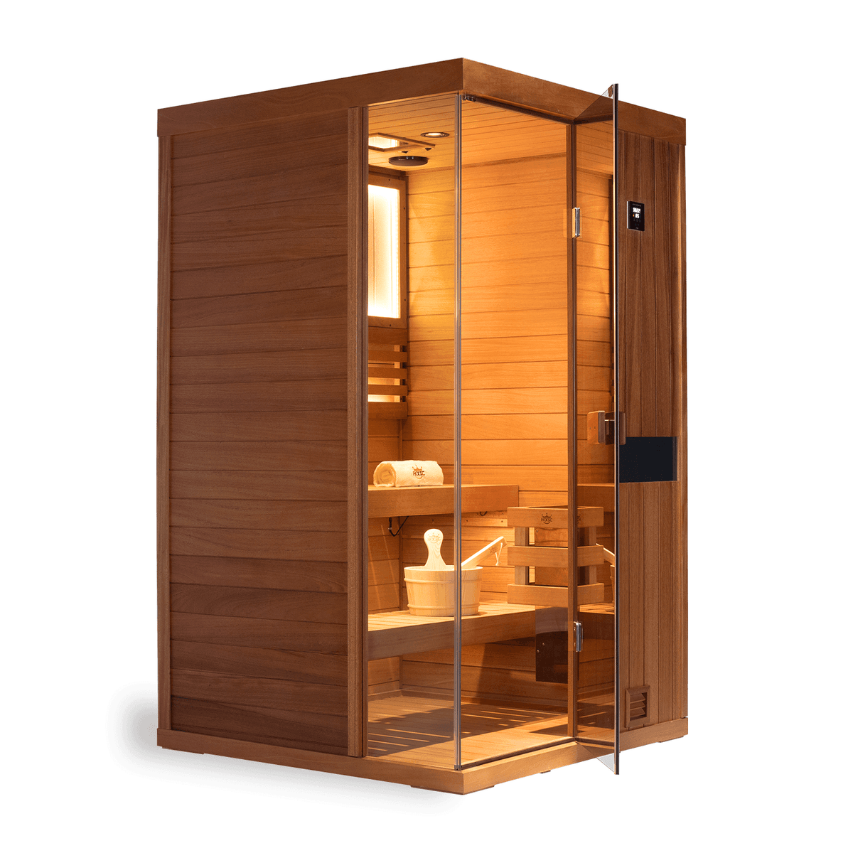 Relaxation scene inside 2 person mahogany steam sauna, 660nm red light therapy on, negative ion running for home wellness
