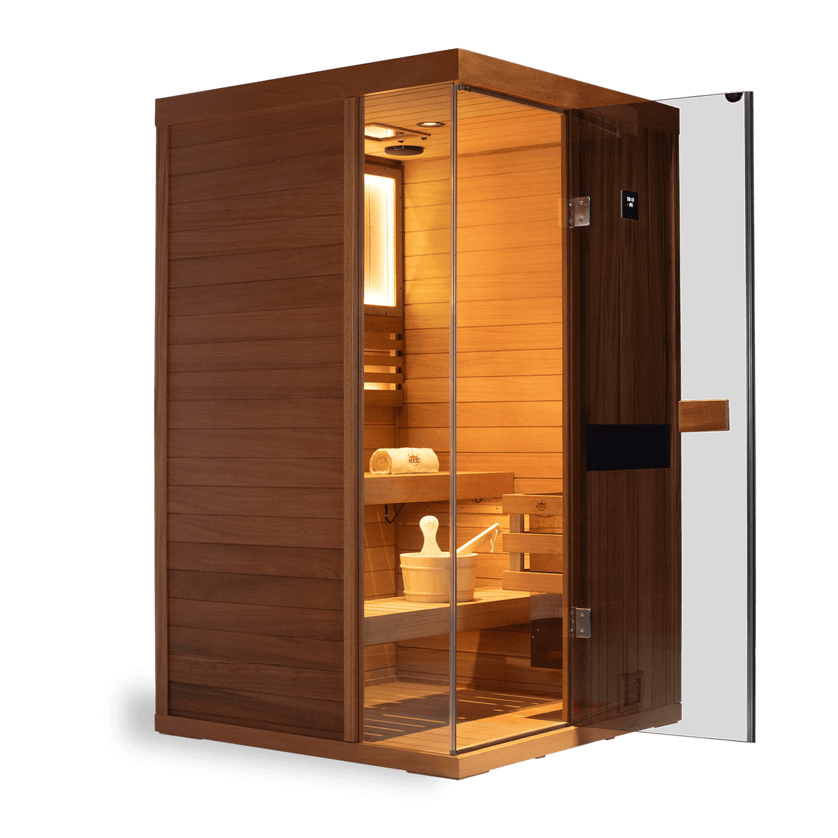 2 Person mahogany steam sauna placed in home room, traditional steam heater, negative ions and 660nm red light wellness lights