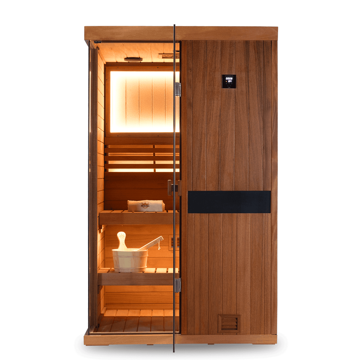 2 Person mahogany steam sauna placed in home room, traditional steam heater, negative ions and 660nm red light wellness lights